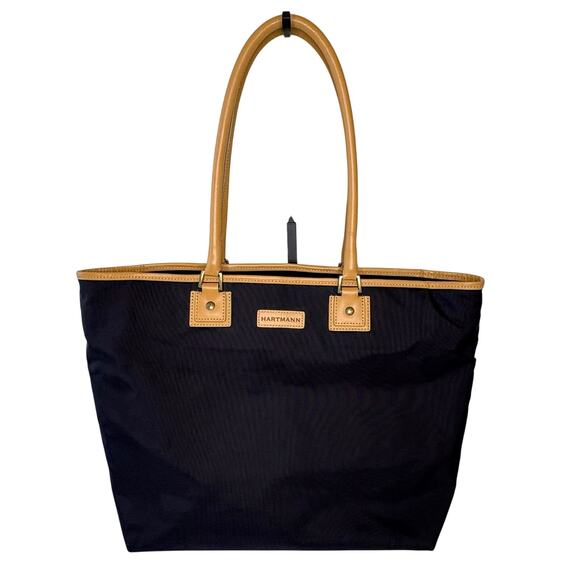 Hartmann Nylon Day Tote Bag Black with Tan Leather Trim Travel Carryall Retired - Picture 1 of 12